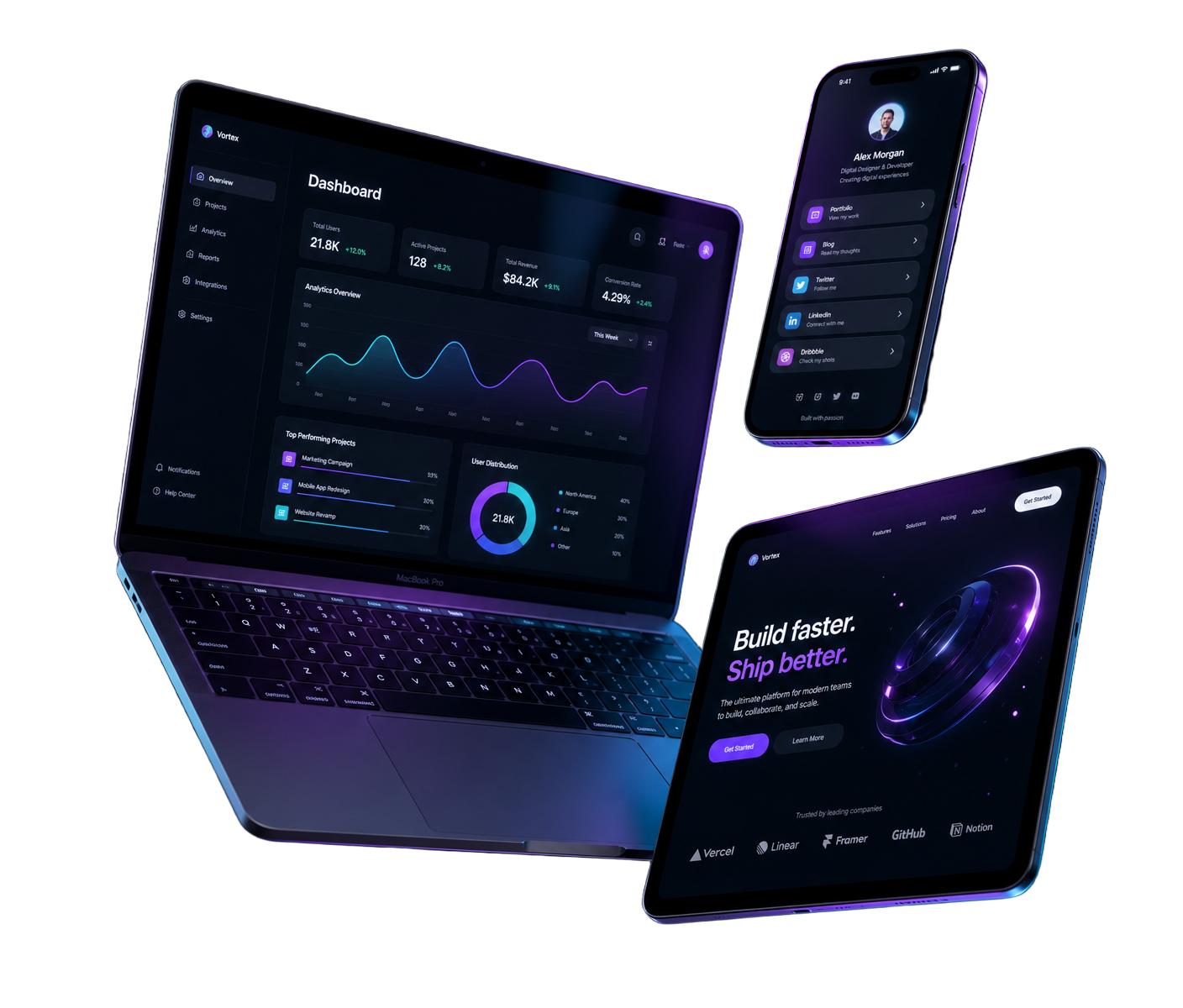 MacBook, iPhone e iPad exibindo produtos NIN Developer