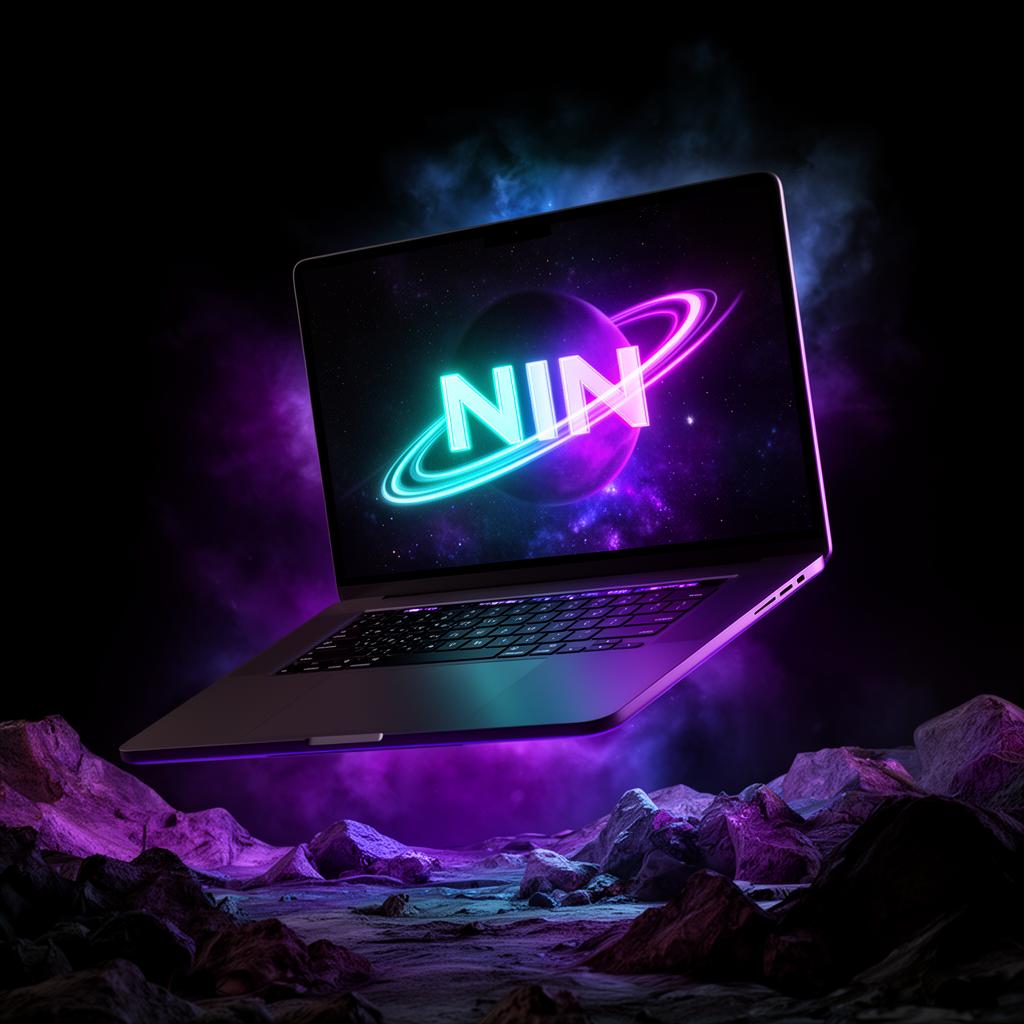 Notebook futurista com a logo N.I.N Developer